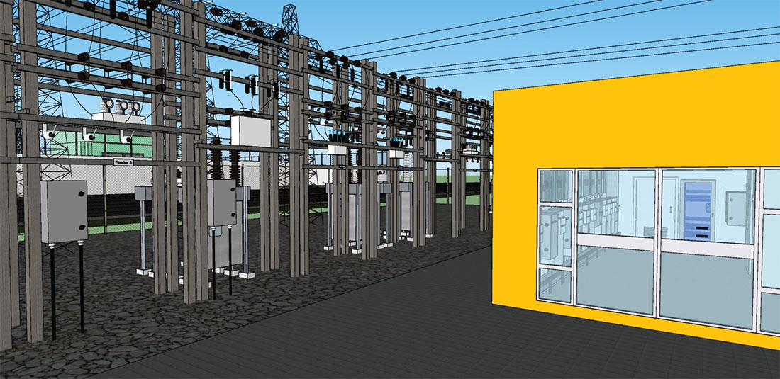Vit Tall 3D engineering rendering of an electrical substation structure and its interior industrial systems